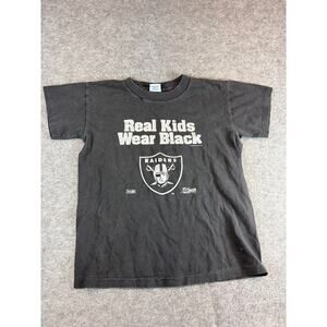 Vintage 90s Los Angeles Raiders Real Kids Wear Black Graphic T Shirt Boys 14-16